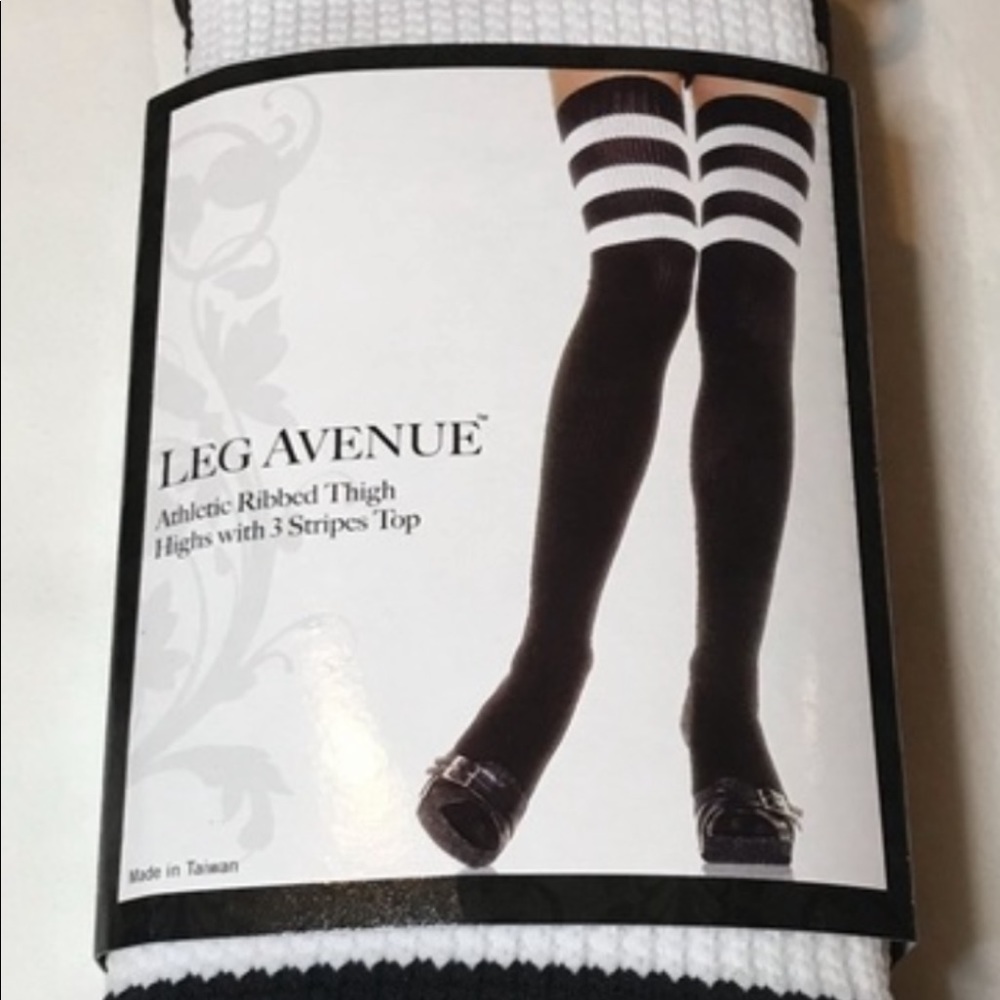 Black athletic thigh high socks with white stripes